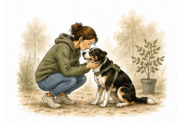 Unsicherer Hund sucht Orientierung bei seinem Menschen