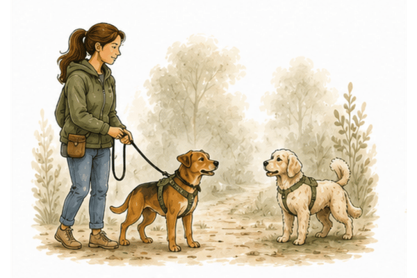 Hund reagiert an der Leine auf einen anderen Hund