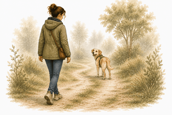 Hund orientiert sich beim Spaziergang an seinem Menschen