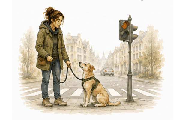 Hund und Mensch beim Alltagstraining in der Stadt