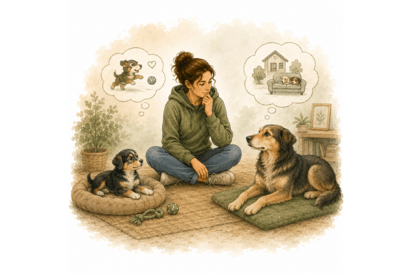 Welpe und erwachsener Hund im Vergleich